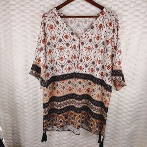 Suzanne Betro Weekend Bohemian Floral Print Women's Top With Tassels Size 1X